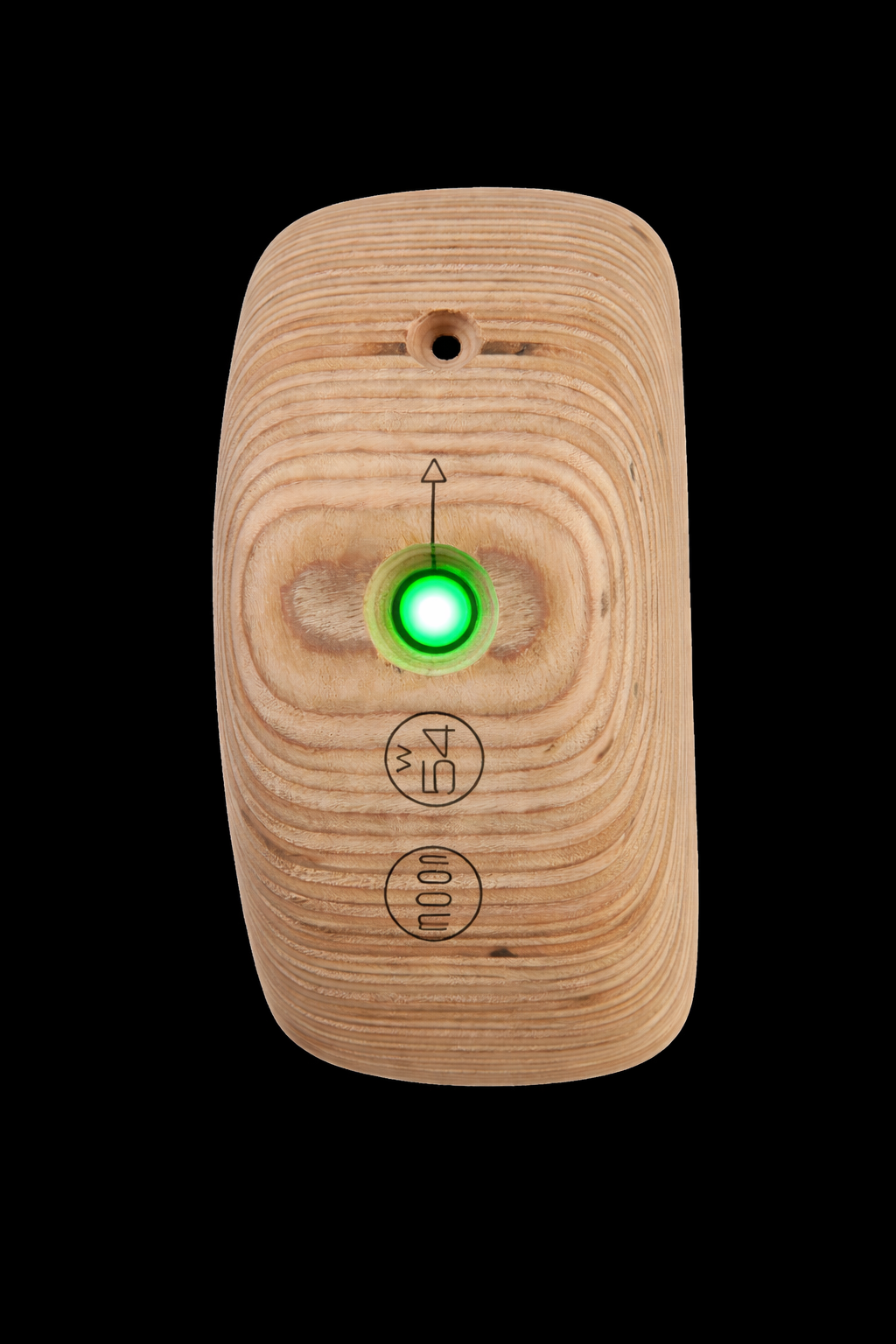 WayUpClimb through-the-bolt LED illuminating a MoonBoard hold directly from the center, improving visibility on overhanging walls.